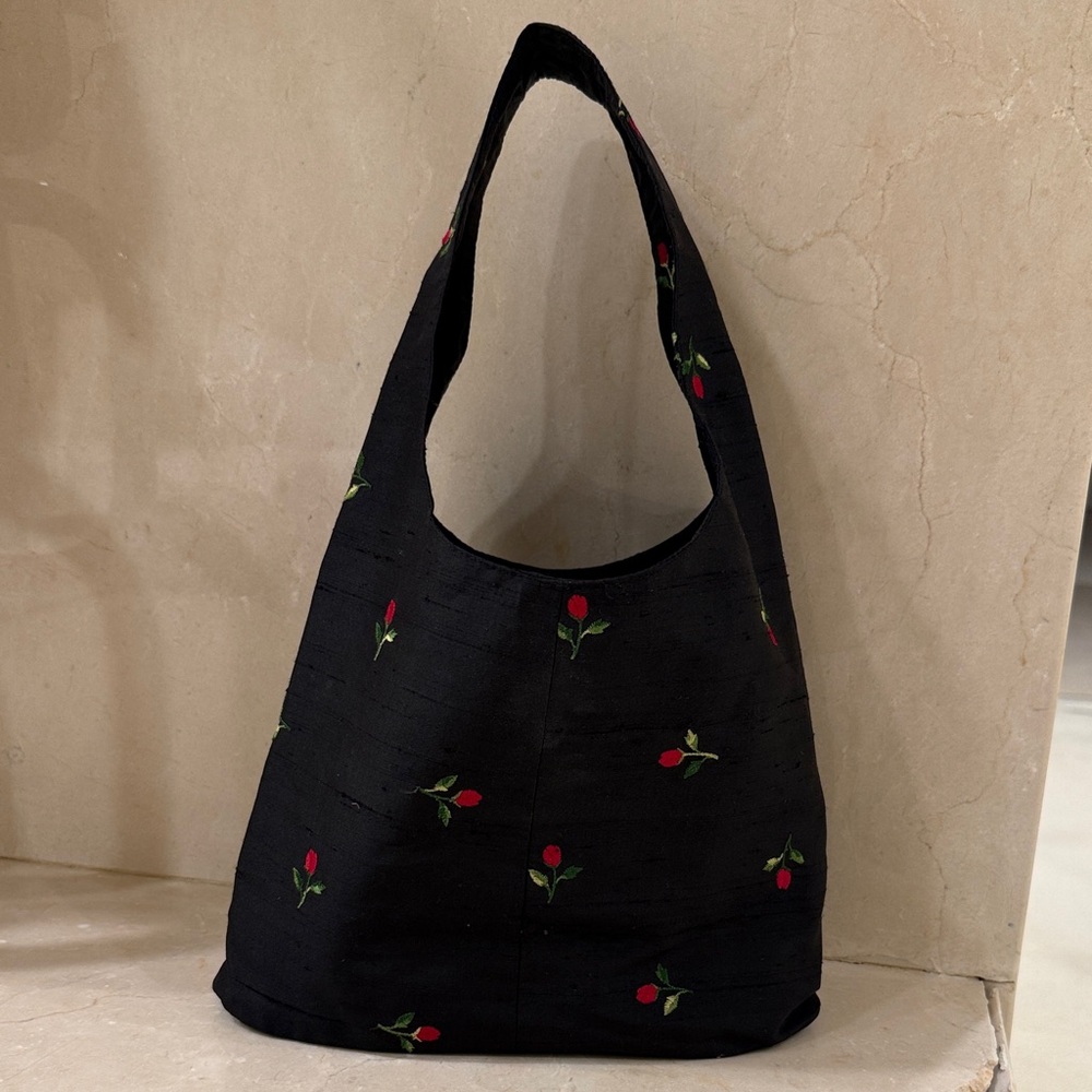 Black Shoulder Hobo Bag with Red Rose Embroidery